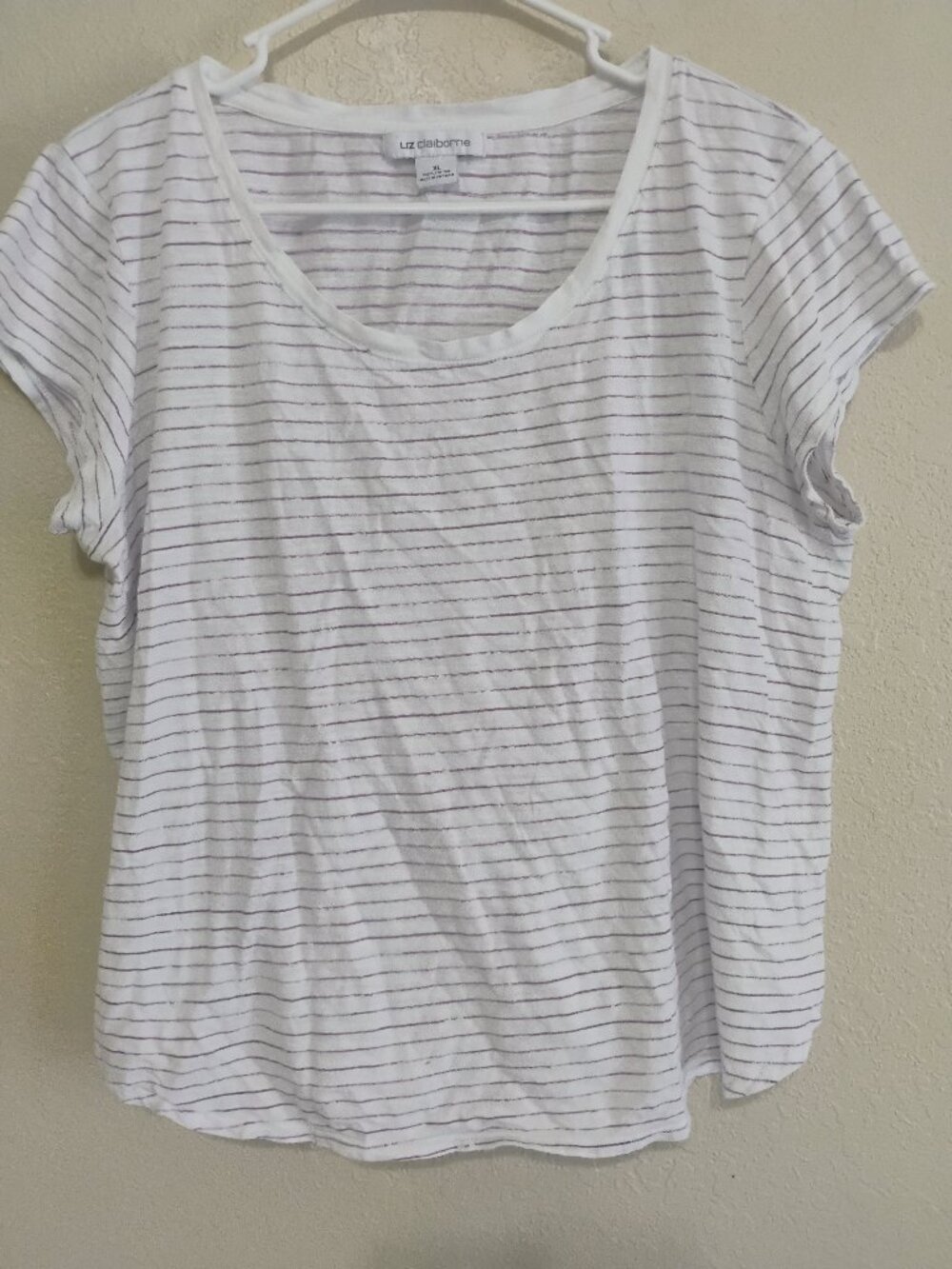 Liz Claiborne XL White Lavender Stripe Cotton Scoop Neck T Shirt